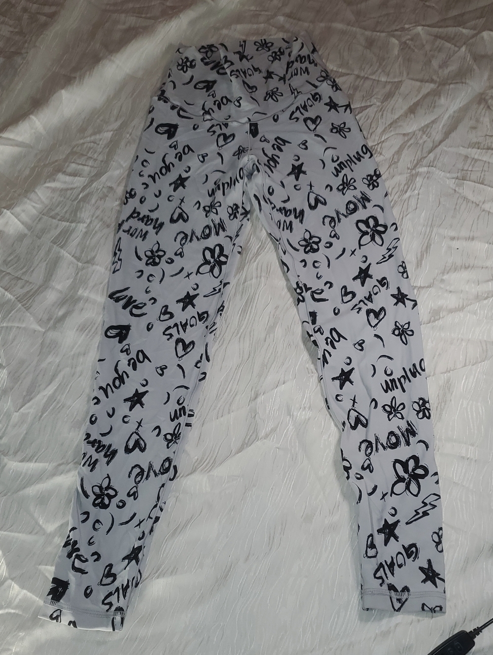 White Kids Leggings with Black Doodle Print